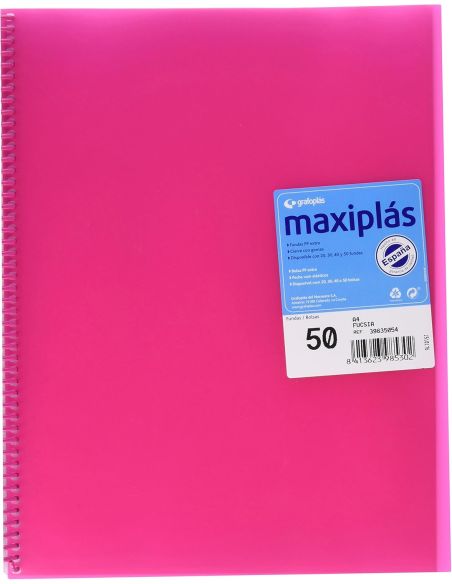 Carpeta 50 Fundas Espiral Maxiplás Pp Traslúcidos Con Sobre A4 Fucsia
