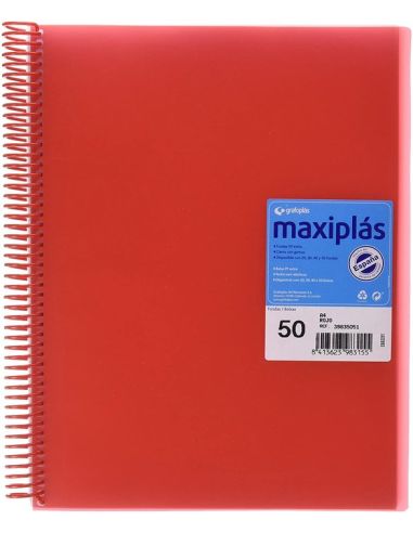 Carpeta 50 Fundas Espiral Maxiplás Pp Traslúcidos Con Sobre A4 Rojo