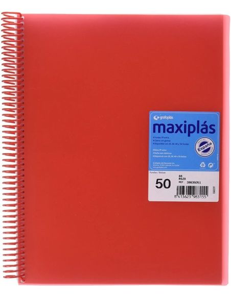 Carpeta 50 Fundas Espiral Maxiplás Pp Traslúcidos Con Sobre A4 Rojo