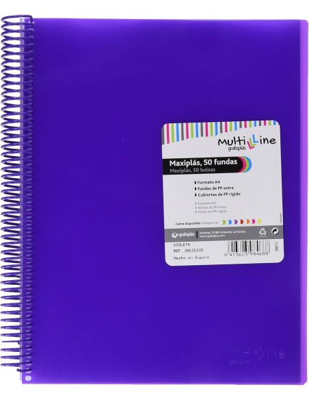 Carpeta 50 Fundas Espiral Maxiplás Pp Traslúcidos Con Sobre A4 Violeta