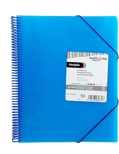 Carpeta 50 Fundas Espiral Maxiplás Pp Traslúcidos Con Sobre A4 Azul
