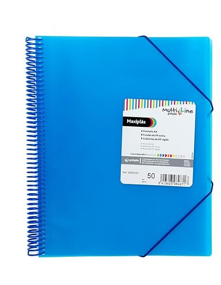Carpeta 50 Fundas Espiral Maxiplás Pp Traslúcidos Con Sobre A4 Azul