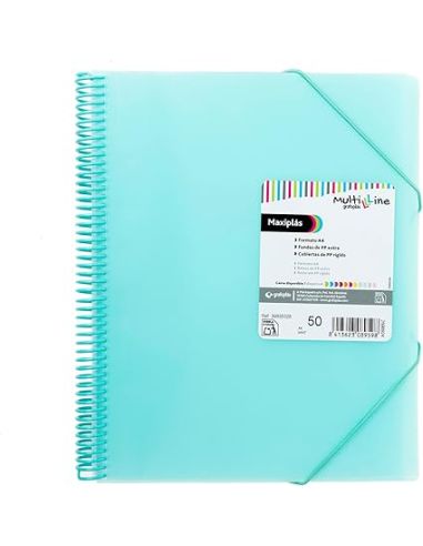 Carpeta 50 Fundas Espiral Maxiplás Pp Traslúcidos Con Sobre A4 Verde Agua