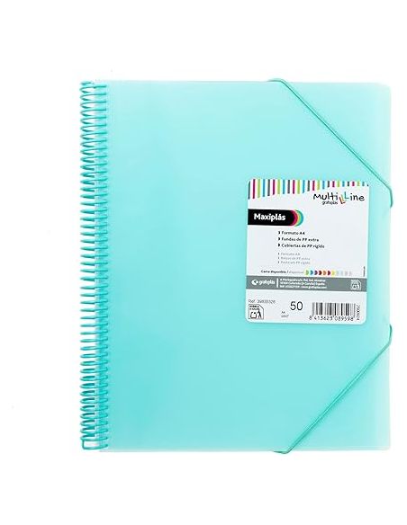 Carpeta 50 Fundas Espiral Maxiplás Pp Traslúcidos Con Sobre A4 Verde Agua