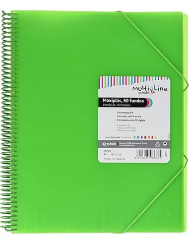 Carpeta 50 Fundas Espiral Maxiplás Pp Traslúcidos Con Sobre A4 Verde Claro