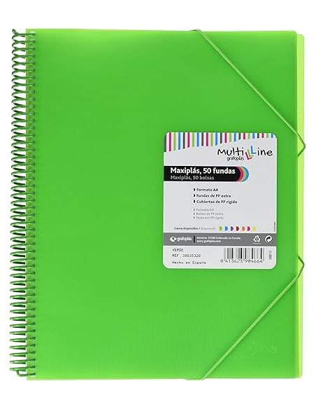 Carpeta 50 Fundas Espiral Maxiplás Pp Traslúcidos Con Sobre A4 Verde Claro