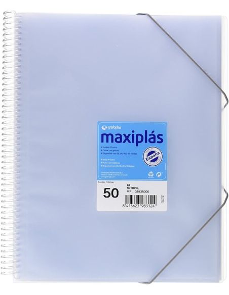 Carpeta 50 Fundas Espiral Maxiplás Pp Traslúcidos Con Sobre A4 Incoloro