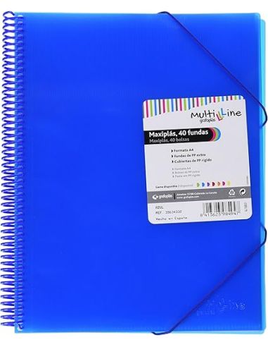 Carpeta 40 Fundas Espiral Maxiplás Pp Traslúcidos Con Sobre A4 Azul Soft
