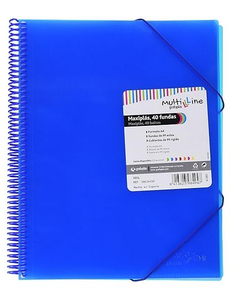 Carpeta 40 Fundas Espiral Maxiplás Pp Traslúcidos Con Sobre A4 Azul