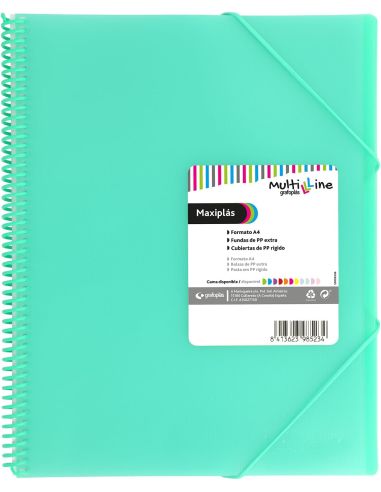 Carpeta 40 Fundas Espiral Maxiplás Pp Traslúcidos Con Sobre A4 Verde Agua