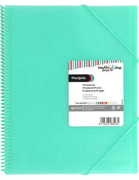 Carpeta 40 Fundas Espiral Maxiplás Pp Traslúcidos Con Sobre A4 Verde Agua