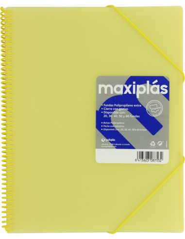 Carpeta 30 Fundas Espiral Maxiplás Pp Traslúcidos Con Sobre A4 Amarillo Soft