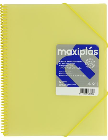 Carpeta 30 Fundas Espiral Maxiplás Pp Traslúcidos Con Sobre A4 Amarillo Soft