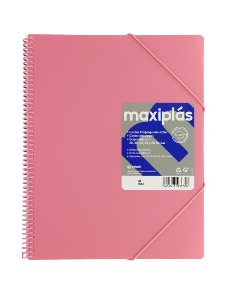 Carpeta 30 Fundas Espiral Maxiplás Pp Traslúcidos Con Sobre A4 Rosa Soft