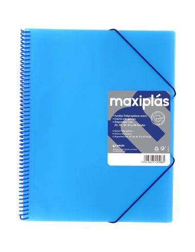 Carpeta 30 Fundas Espiral Maxiplás Pp Traslúcidos Con Sobre A4 Azul Soft