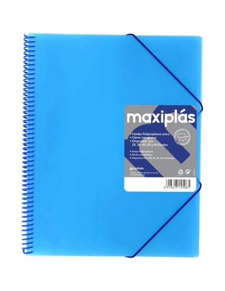 Carpeta 30 Fundas Espiral Maxiplás Pp Traslúcidos Con Sobre A4 Azul Soft