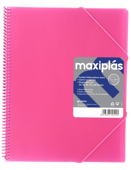 Carpeta 30 Fundas Espiral Maxiplás Pp Traslúcidos Con Sobre A4 Fucsia