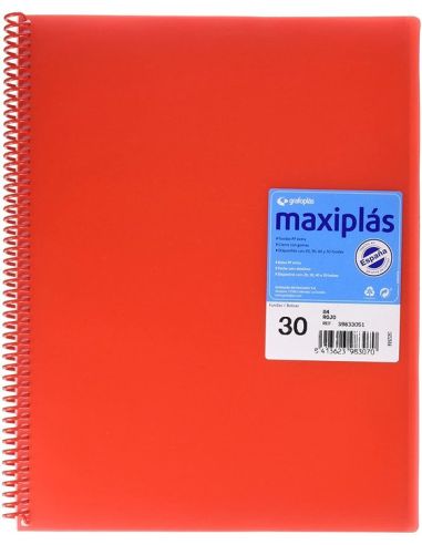 Carpeta 30 Fundas Espiral Maxiplás Pp Traslúcidos Con Sobre A4 Rojo