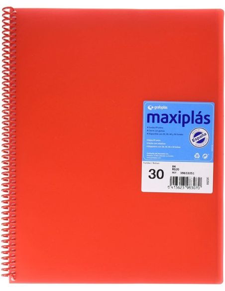 Carpeta 30 Fundas Espiral Maxiplás Pp Traslúcidos Con Sobre A4 Rojo
