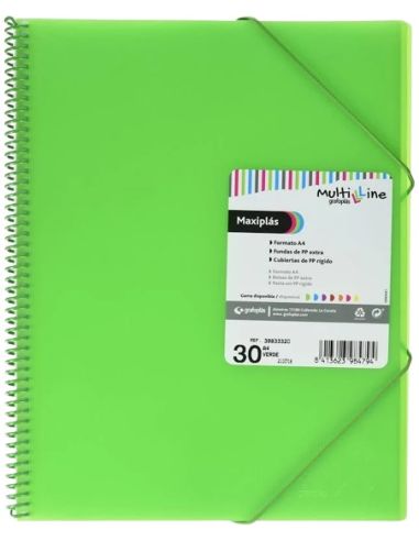 Carpeta 30 Fundas Espiral Maxiplás Pp Traslúcidos Con Sobre A4 Verde Agua