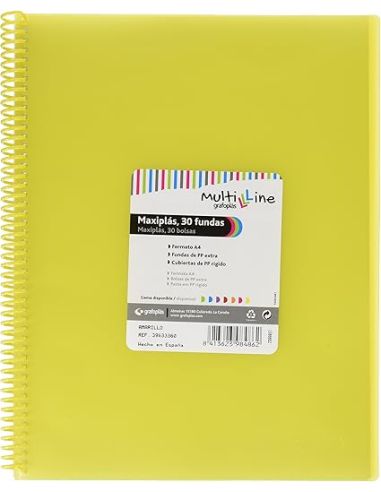 Carpeta 20 Fundas Espiral Maxiplás Pp Traslúcidos Con Sobre A4 Amarillo Soft