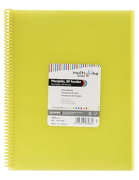 Carpeta 20 Fundas Espiral Maxiplás Pp Traslúcidos Con Sobre A4 Amarillo Soft