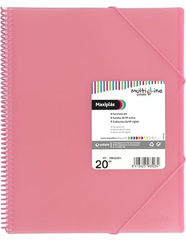 Carpeta 20 Fundas Espiral Maxiplás Pp Traslúcidos Con Sobre A4 Rosa Soft