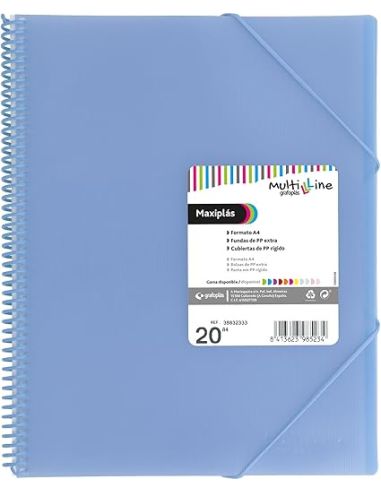 Carpeta 20 Fundas Espiral Maxiplás Pp Traslúcidos Con Sobre A4 Azul Soft