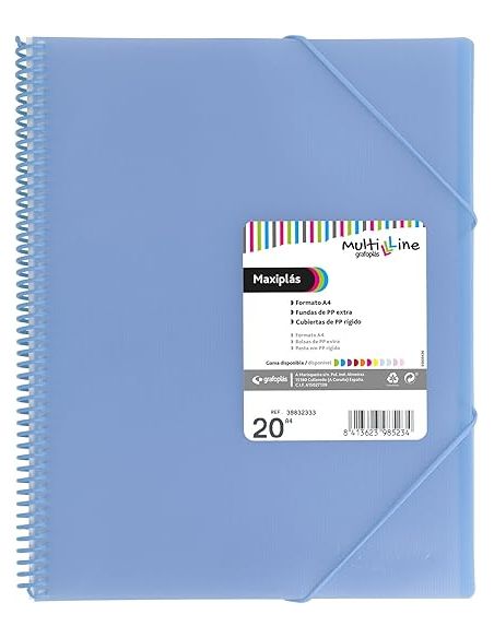 Carpeta 20 Fundas Espiral Maxiplás Pp Traslúcidos Con Sobre A4 Azul Soft