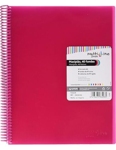 Carpeta 20 Fundas Espiral Maxiplás Pp Traslúcidos Con Sobre A4 Fucsia