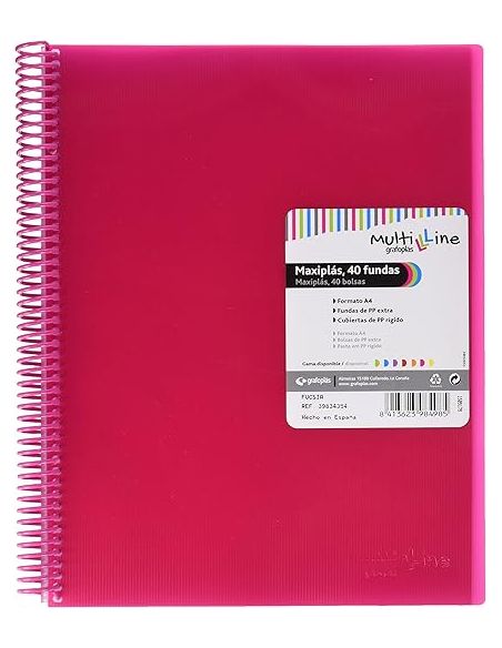 Carpeta 20 Fundas Espiral Maxiplás Pp Traslúcidos Con Sobre A4 Fucsia