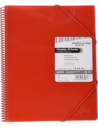 Carpeta 20 Fundas Espiral Maxiplás Pp Traslúcidos Con Sobre A4 Rojo