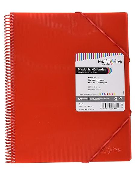 Carpeta 20 Fundas Espiral Maxiplás Pp Traslúcidos Con Sobre A4 Rojo