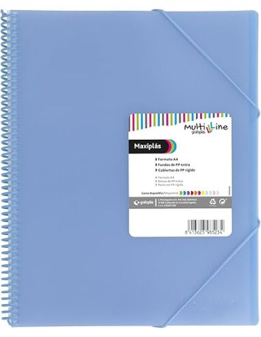 Carpeta 20 Fundas Espiral Maxiplás Pp Traslúcidos Con Sobre A4 Azul