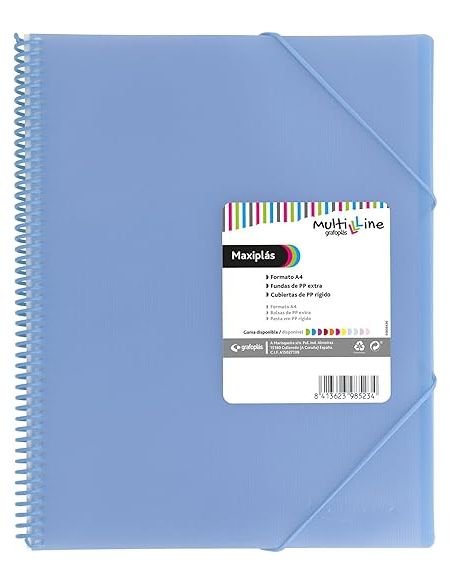 Carpeta 20 Fundas Espiral Maxiplás Pp Traslúcidos Con Sobre A4 Azul