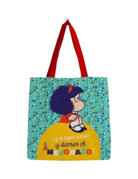 Bolsa Algodón Mafalda Grande Turquesa Puntitos