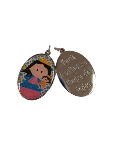 Medalla metal oval esmaltada 2,4x3,5cm doble cara cómic María Auxiliadora