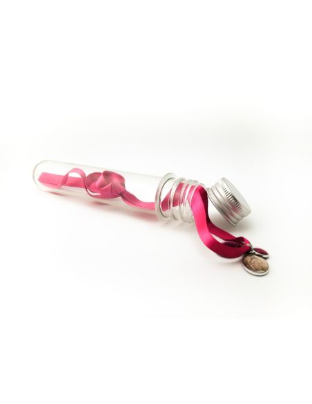 Pulsera Tela Rosa 3 Medallas En Tubo