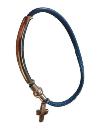Pulsera Metal C/ Cruz Corazones Broche Iman Cuero Azul