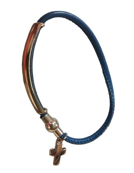 Pulsera Metal C/ Cruz Corazones Broche Iman Cuero Azul