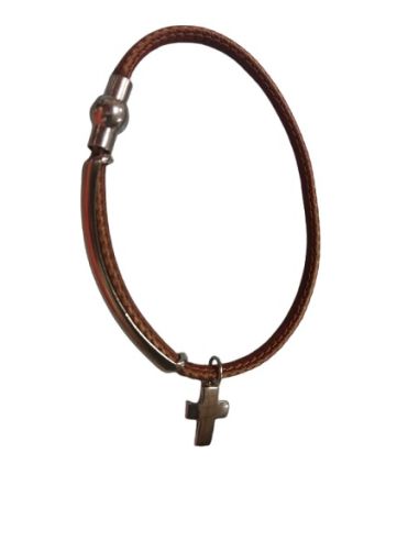 Pulsera Metal C/Cruz Corazones Broche Iman Cuero Marron