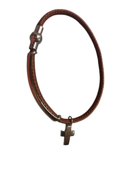 Pulsera Metal C/Cruz Corazones Broche Iman Cuero Marron