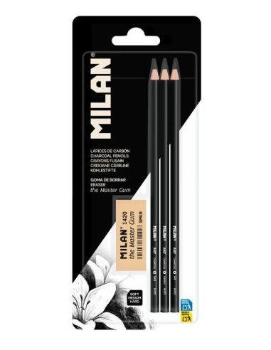 Blíster 3 Lápices De Carboncillo Milan Art + Goma The Master Gum