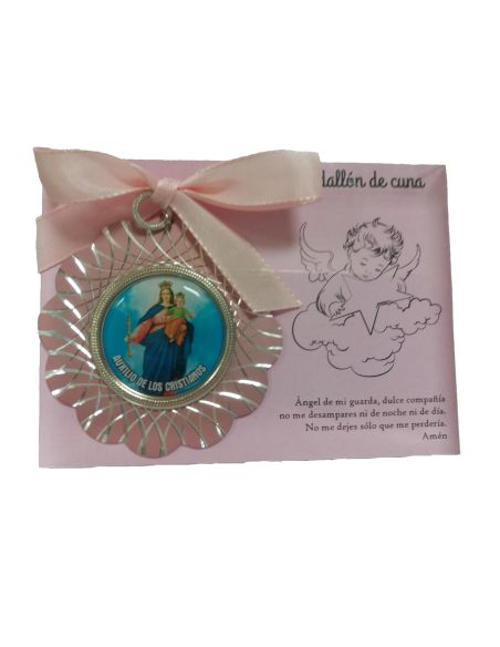 Medalla Cuna Metal 8Cm Color Auxiliadora Plateada Lazo Rosa