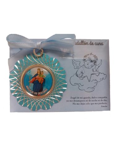 Medalla Cuna Metal 8cm Color Auxiliadora Plateada Lazo Azul
