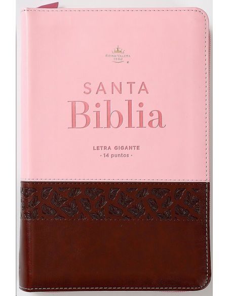 Biblia RVR60 TAmaño Manual letra Gigante i/piel café/rosa mariposas con cierre/índice