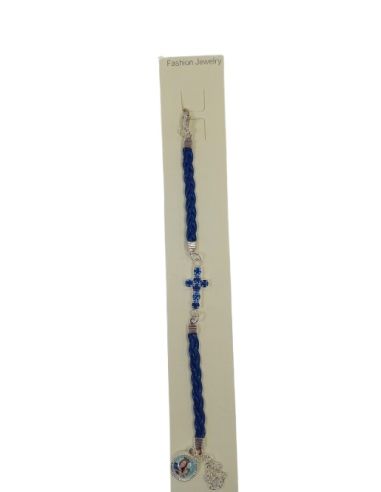 Pulsera cordón polipiel cruz cristales María Auxiliadora azul