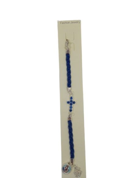 Pulsera cordón polipiel cruz cristales María Auxiliadora azul