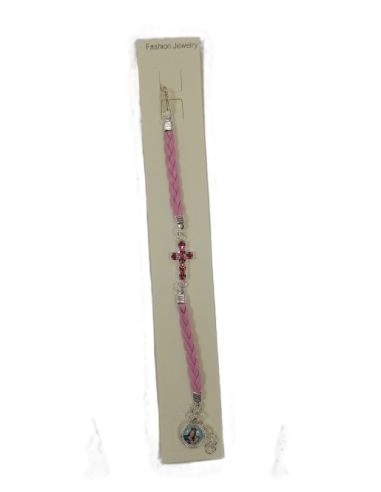 Pulsera cordón polipiel cruz cristales María Auxiliadora rosa