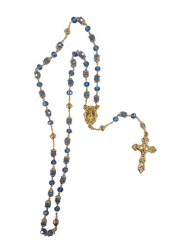 Rosario cristal cruces copeta dorado 6x4 color celeste